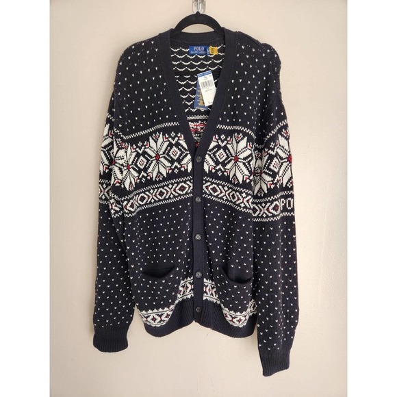 NWT Polo Ralph Lauren Men’s Cotton Cashmere Snowflake Cardigan Size XXL Black - Picture 2 of 12